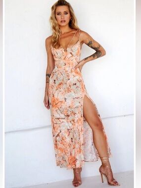 Peach Marble-Print Spaghetti Strap High-Slit Maxi Dress